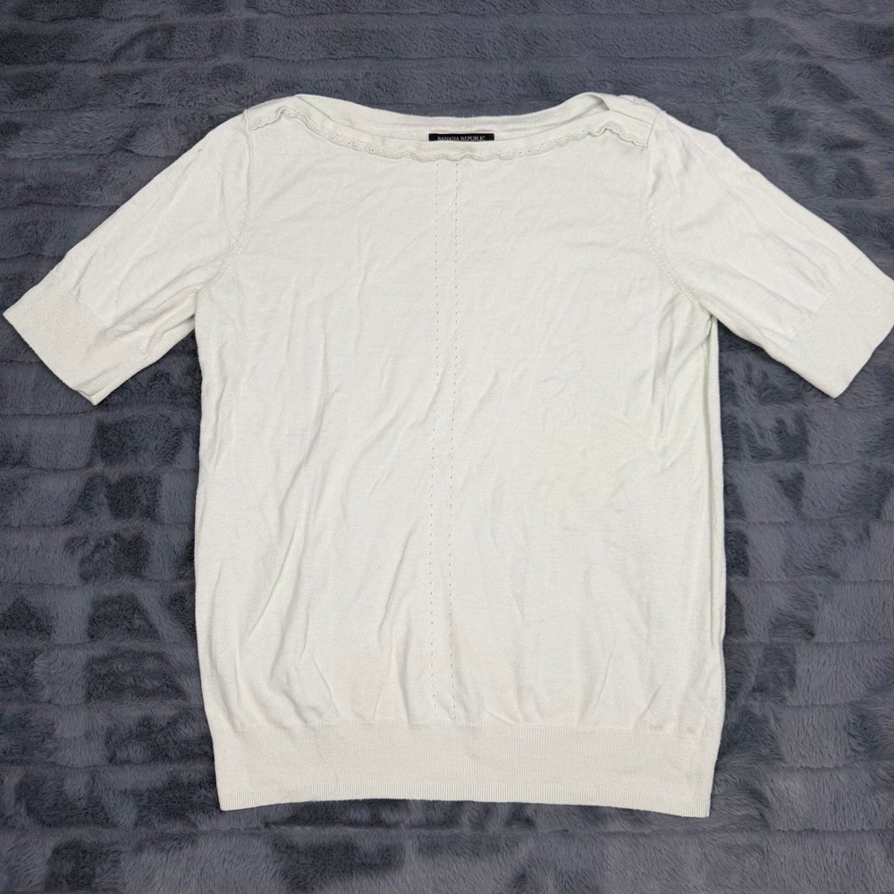 Banana Republic Womens Cream Cotton Modal Short Sleeve Boat Neck Sweater M